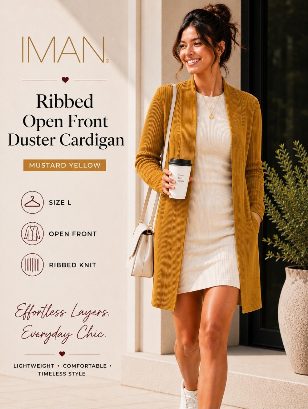 IMAN Ribbed Open Front Duster Cardigan Mustard Yellow | L | Minimalist Chic